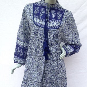 summer blue purple rayon printed maxi dress - collared neckline with tassel long maxi dress - long sleeve bohemian maxi