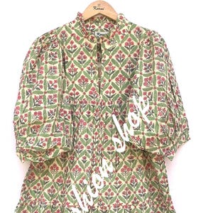 Green Floral Hand Block Printed Cotton Maxi Dress with Belt