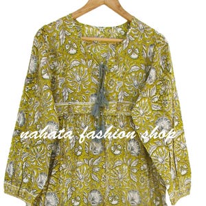 floral bohemian cotton green block printed maxi dress - v neckline with tassel long maxi dress - long sleeve bohemian maxi