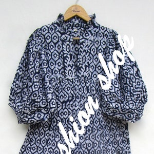 blue white batik block printed cotton long maxi dress - v neckline bohemian maxi - 3/4th sleeve summer dress