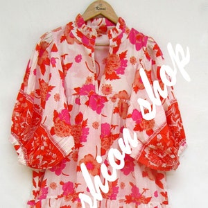 orange pink flower printed maxi dress - v neckline maxi dress - 3/4th sleeve with button maxi dress