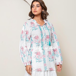White Floral Hand Block Printed Cotton Blouse – Long Sleeve Boho Tunic Top with Tassel Tie Neck – Hippie Indian Shirt