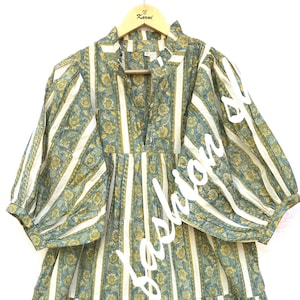 indian cotton green yellow floral hand block printed women&#39;s maxi dress - frill collar with belt long dress