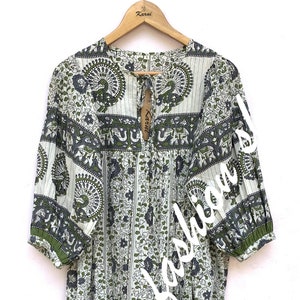 indian cotton green floral screen printed women&#39;s maxi dress - hanley neckline with cotton ties boho dress