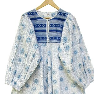 blues floral hand block printed long maxi dress - Henley neckline with buttons cotton dress - long sleeve bohemian maxi