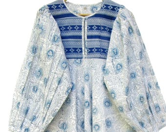 blues floral hand block printed long maxi dress - Henley neckline with buttons cotton dress - long sleeve bohemian maxi