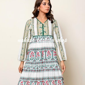Green & White Floral Hand Block Printed Cotton Maxi Dress – Boho Long Sleeve Indian Dress with V Neck Belt – Ethnic Summer Outfit