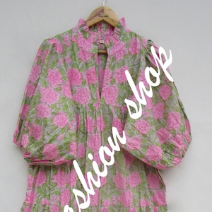 pink rose summer hand block printed bohemian maxi dress - v neckline long dress - 3/4th sleeve cotton maxi