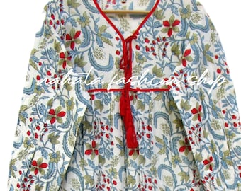 bohemian red blue floral cotton block printed maxi dress - V neckline with tassels long dress - long sleeves summer maxi