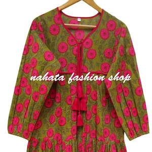 olive green pink floral screen printed cotton maxi dress - v neckline with tassel long maxi - long sleeve bohemian dress