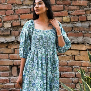 indian green floral printed cotton long maxi dress - square neckline with smocking Indian dress - 3/4th sleeve casual maxi