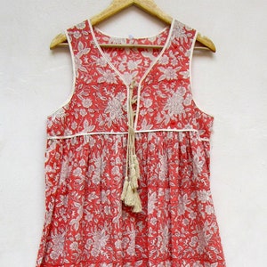 indian red gorgeous floral printed cotton travel wear maxi dress - sleeve less dress - v neckline with tassel Indian maxi