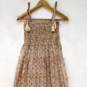 indian beige flower printed cotton beach cover up maxi dress - strap with tassel summer women long maxi dress