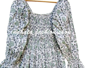 Jacqueline style boho printed long maxi dress - square neckline with smocked Indian maxi dress - long bell sleeve women long maxi dress