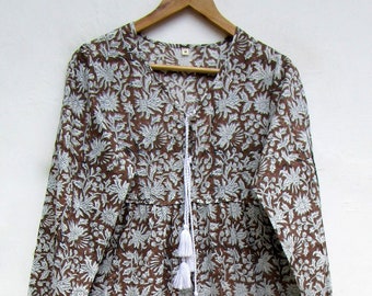 brown printed cotton long maxi dress - v neckline with tassel maxi dress - long sleeve summer maxi dress