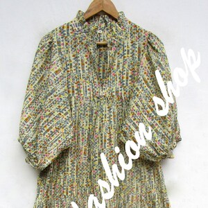 colourful geometrical block printed long maxi dress - v neckline bohemian maxi - 3/4th sleeve with button long dress