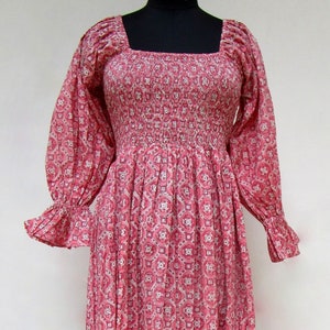 bohemian pattern printed long maxi dress - square neckline with smocked cotton maxi - long sleeve Indian look dress