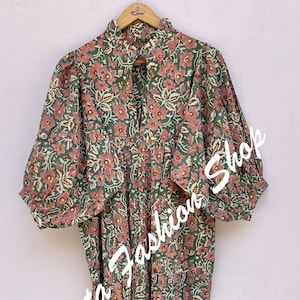 women's floral hand block printed maxi dress - 3/4 sleeves with sleeves buttons cotton dress - summer long maxi with belt