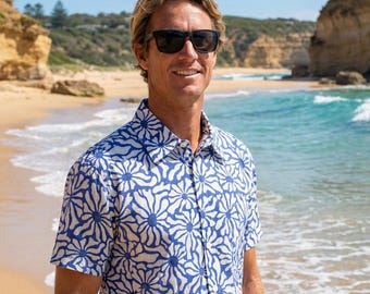 Chemise en coton imprimée à fleurs bleues - Chemise d'été bohème à manches courtes pour hommes avec boutons