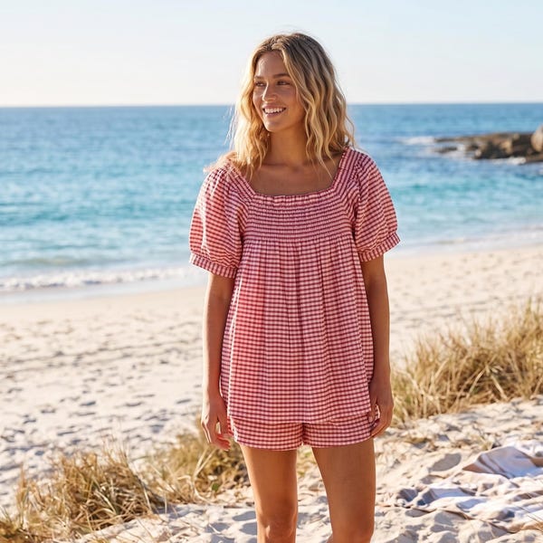 Roter Vichy-Karo-Pyjama für Frauen - Gesmokte Bluse & Shorts Lounge-Set, Cottagecore Nachtwäsche