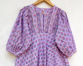 purple flowery printed cotton long maxi dress - Henley neckline with buttons maxi dress - 3/4th sleeve with button maxi dress