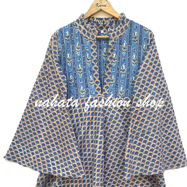 Blaues Maxikleid aus Baumwolle mit Blumenblock - Boho Langes Kleid