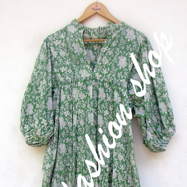 cotton green flower women's frill collar maxi dress