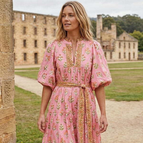 Rosa Blumen Handblock bedrucktes Baumwollkleid - Gestuftes Boho Maxikleid für Frauen