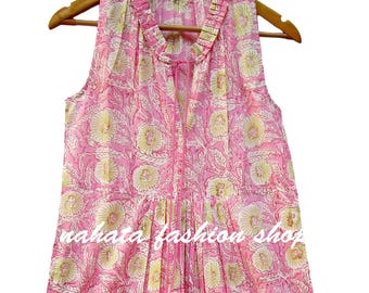 ruffle blossom flower printed cotton Indian long maxi dress - ruffle Henley neckline with tassel summer maxi dress - sleeve less maxi dress