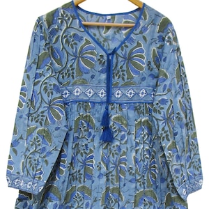 spring green blue cotton floral block printed maxi dress - v neckline with tassel long maxi dress - long sleeve bohemian maxi dress