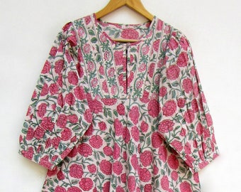 travel wear floral printed cotton maxi dress - Henley neckline with buttons maxi dress - 3/4th sleeve with buttons maxi dress