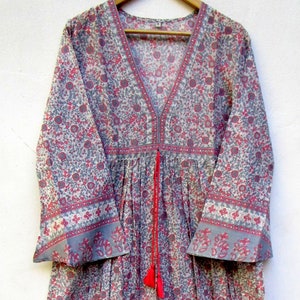 summer floral screen printed long maxi dress - deep v neckline with drawstring bohemian dress - long bell sleeve cotton maxi