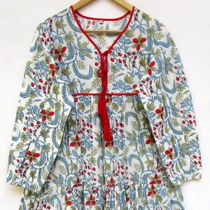 bohemian red blue floral cotton block printed maxi dress - V neckline with tassels long dress - long sleeves summer maxi