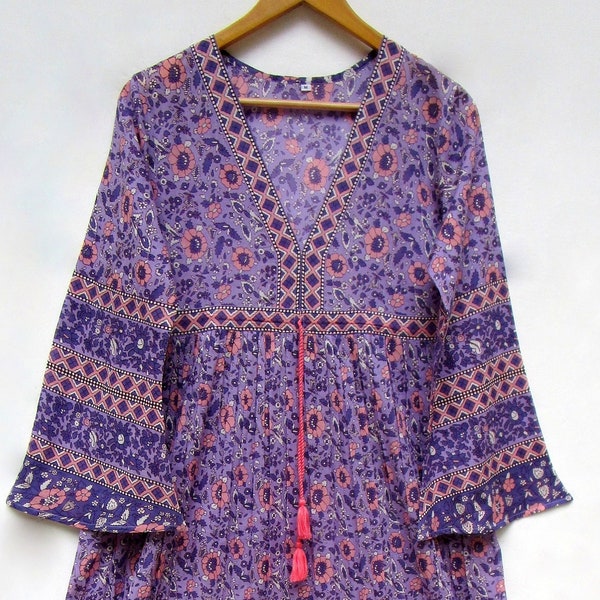 cotton purple pink floral hand printed long maxi dress - deep v neckline with drawstring maxi dress - long bell sleeve boho maxi dress