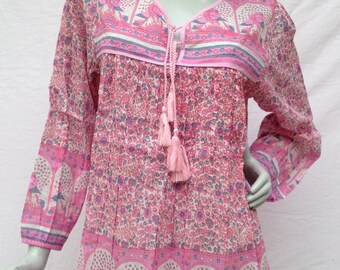 Bohemian cotton pink peacock printed blouses - henley neckline with tassel summer tops