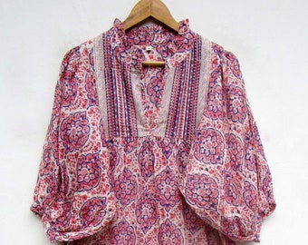 pink geometrical printed midi maxi dress - v neckline midi maxi dress - 3/4th sleeve with button midi maxi dress