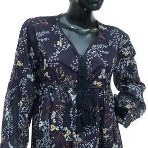 Summer Cotton black floral screen printed maxi dress - v neckline with tassel long dress - long sleeve bohemian maxi