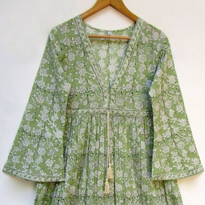 cotton floral block printed long maxi dress - summer deep v neckline with drawstring maxi - long bell sleeve  boho dress