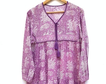 cotton boho purple paisley print women's long dress - v neckline with tassel Indian maxi dress - long sleeve casual wear maxi dress