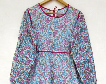 cotton purple pink paisley hand printed women's maxi dress | vintage bohemian dress | long sleeve full length dress | plus size maxi dress