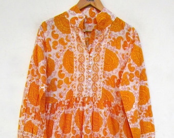 orange paisley printed cotton long maxi dress - collared neckline with buttons maxi dress - long sleeve boho maxi dress