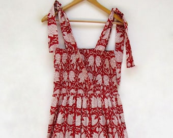 hand block floral printed red cotton summer strap maxi dress - sleeve less strap long maxi dress - square neckline with strap bohemian dress
