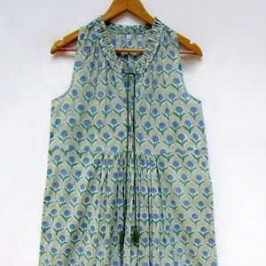 block print floral booty printed cotton ruffle maxi dress - Henley neckline with tassel ethnic wear maxi dress - sleeve less Indian dress