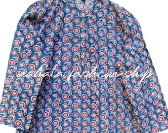 blue floral block printed tunic and Kurtis - collared neckline with buttons summer wear tunic - 3/4th sleeve boho tunic