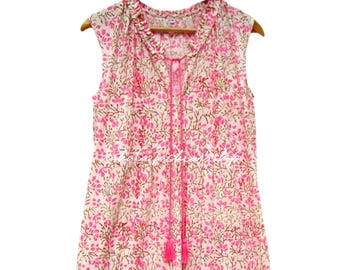cotton dry brush print look summer ruffle maxi dress - Henley neckline with tassel boho maxi dress - sleeve less women long maxi