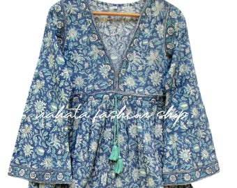bohemian blue cotton floral hand block printed women's maxi dress - V neckline with drawstring summer dress - long sleeves dress