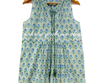 block print floral booty printed cotton ruffle maxi dress - Henley neckline with tassel ethnic wear maxi dress - sleeve less Indian dress