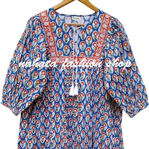 picnic wear like ethnic printed mini maxi cotton dress - Henley neckline with cotton ties mini maxi - 3/4th sleeve with buttons dress