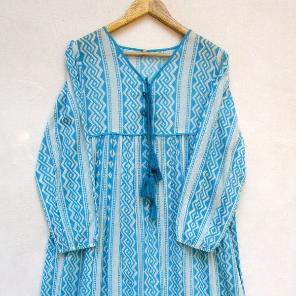 chevron pattern printed cotton summer wear long maxi dress -v neckline with tassel Indian look long maxi dress - long sleeve long maxi dress