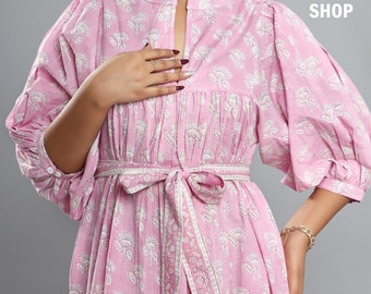 long pastel pink hand block printed cotton floral maxi dress - frill collar bohemian dress